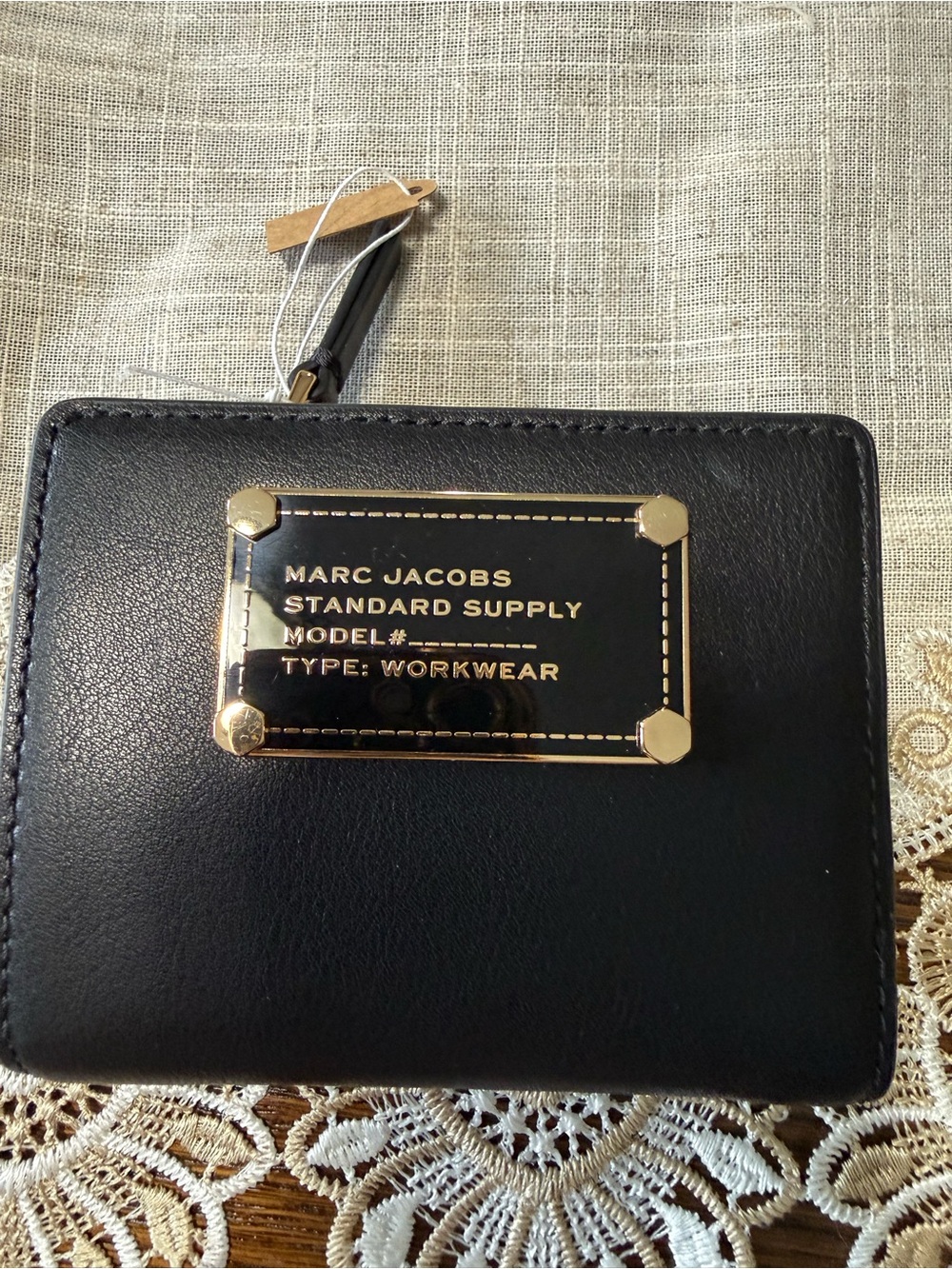 Marc Jacobs Black Leather Compact Zip Wallet with Gold Plaque